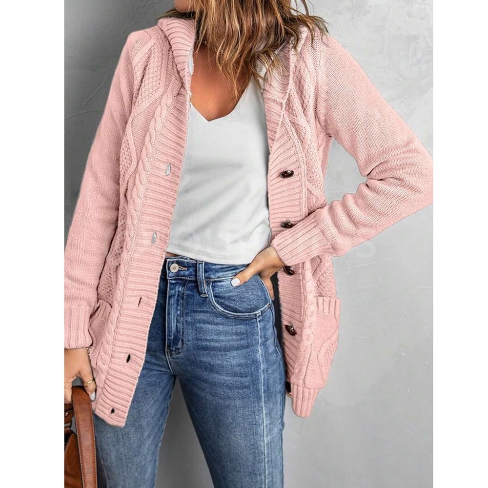 Pink Sherpa Knit Hooded Cardigan Front Pockets Long Sleeves Hip Length - Picture 3 of 17